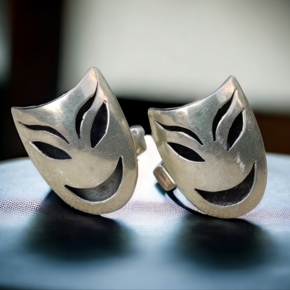 Vintage Sterling Silver Artisan Made Tragedy Mask Cufflinks